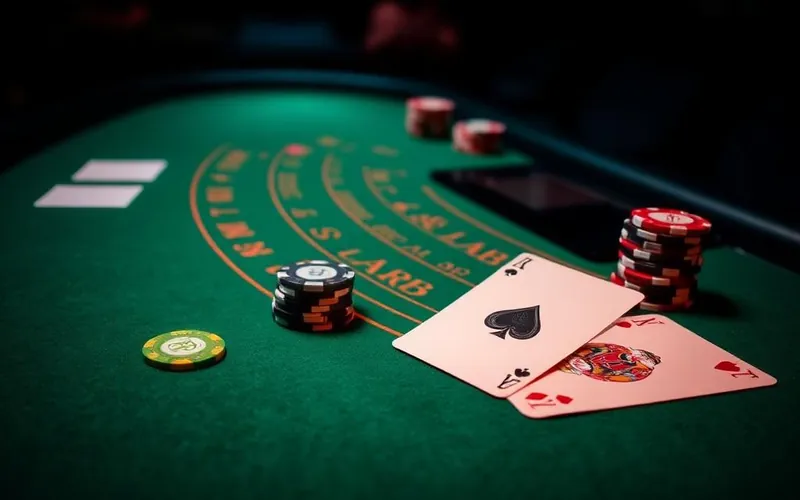 Table de blackjack avec As et Roi, jetons et tapis vert